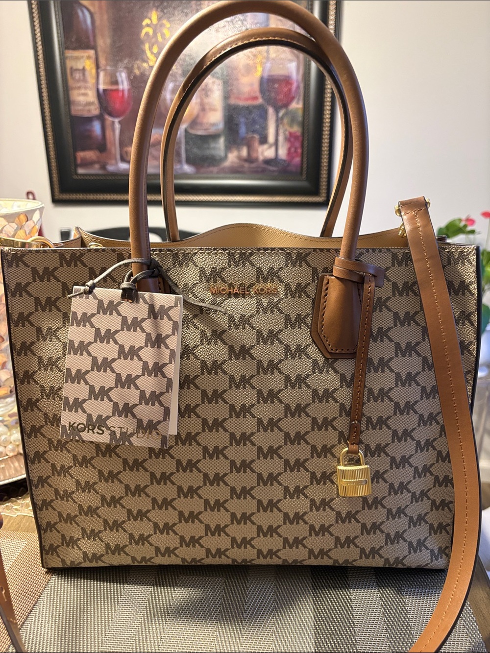Michael Kors Brown MK Logo Tote with Tan Leather Trim